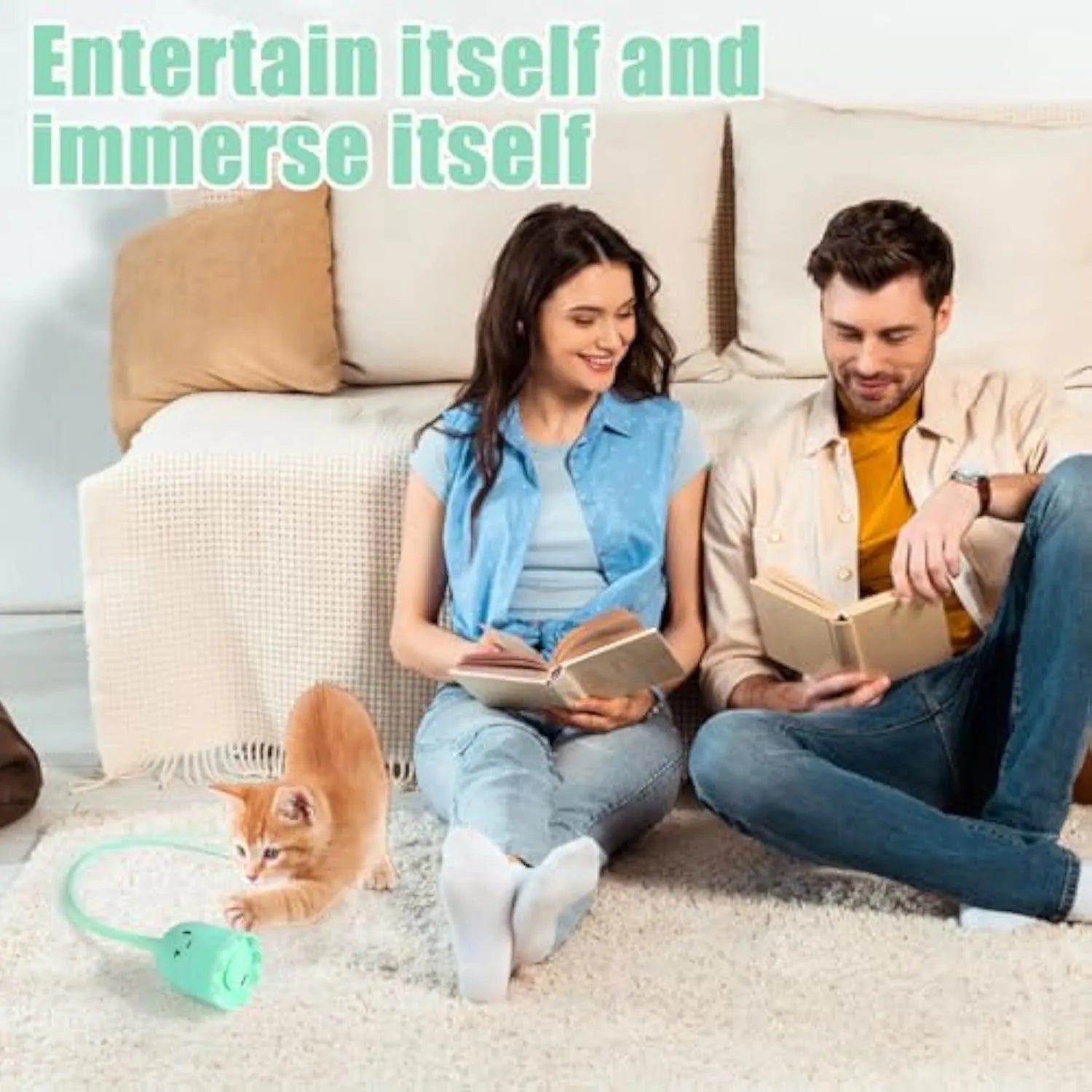 Electronic cat wand toy with swinging silicone tails on green background