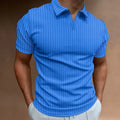 Men's striped V-neck summer sports polo shirt in cotton blend fabric showing elasticity