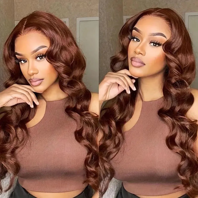 Dark brown long curly front lace wig with side bangs on a model