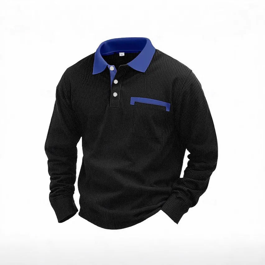 Man wearing a long-sleeved waffle texture polo shirt in a loose fit, showcasing the asymmetric detail.