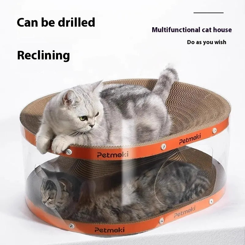 White transparent PVC tunnel cat nest with integrated corrugated board scratch panel, 58cm long.