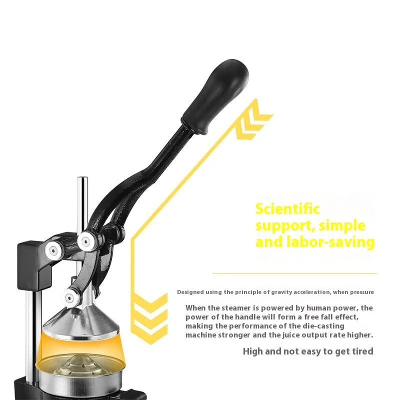 Black or white manual cast iron citrus juicer with stainless steel funnel on a kitchen counter.