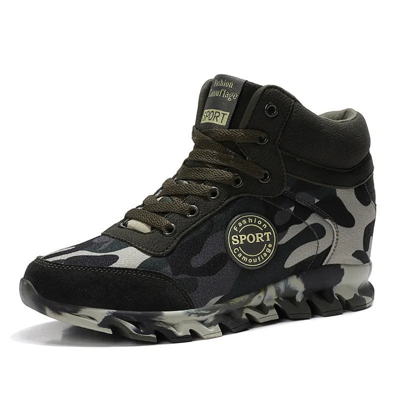 Green camouflage canvas women's trainers with rubber soles showing size range 35-42 EU