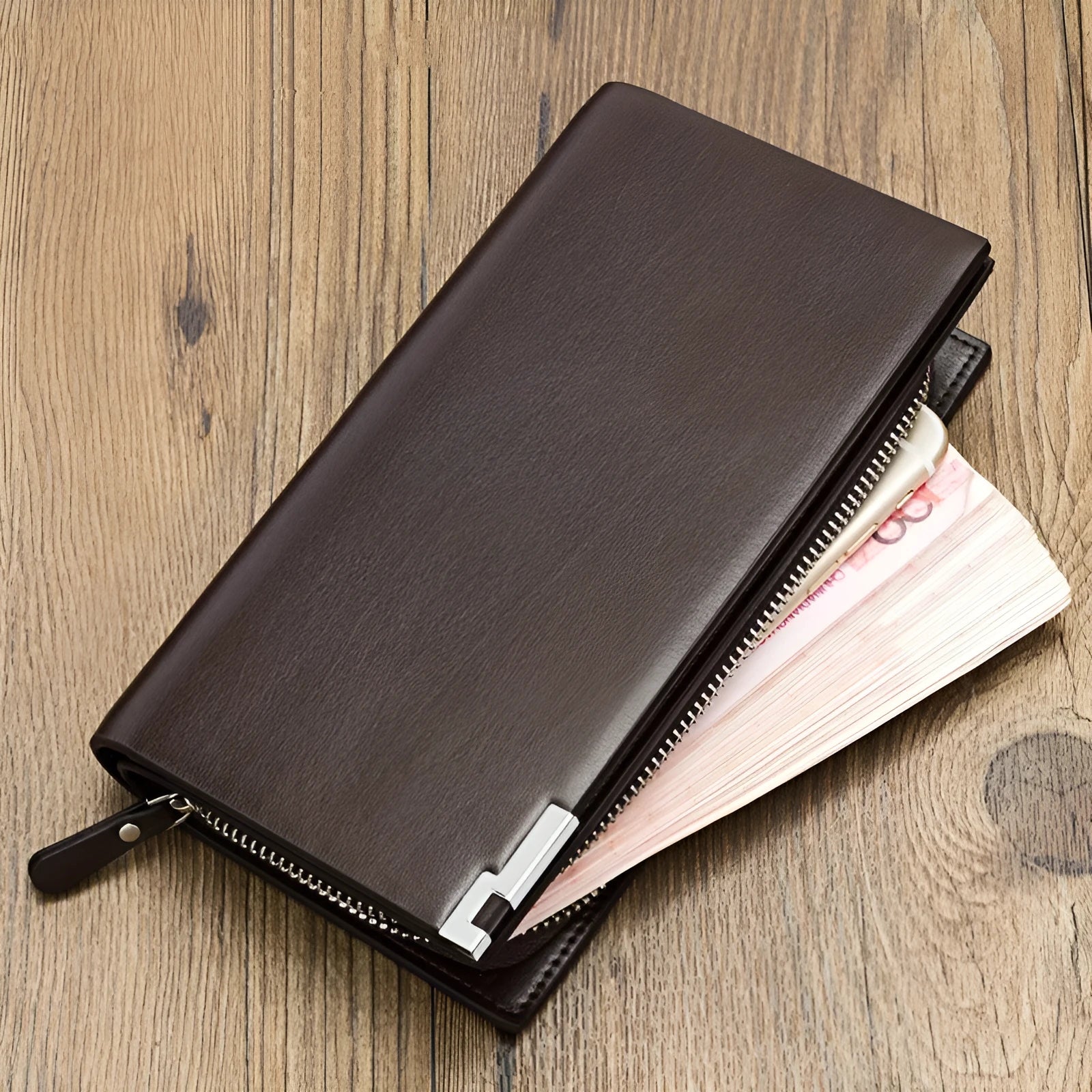 Men's black PU leather zipper wallet with waterproof wear-resistant construction