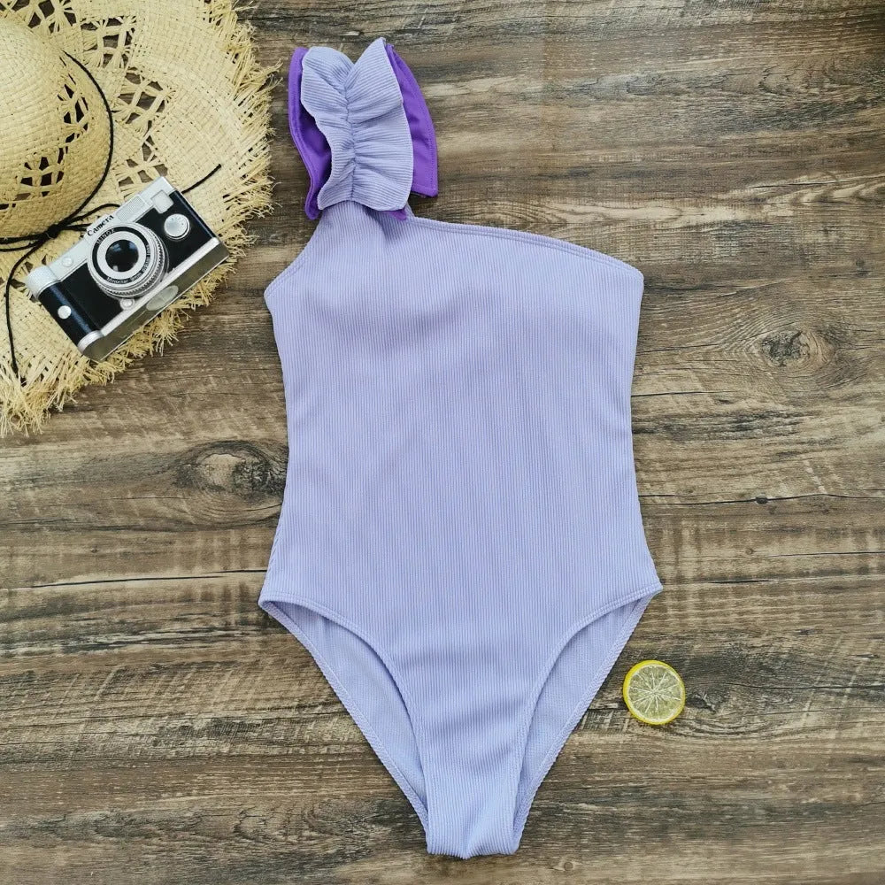 Single-shoulder suspender tube top one-piece swimsuit for women with high-waist design