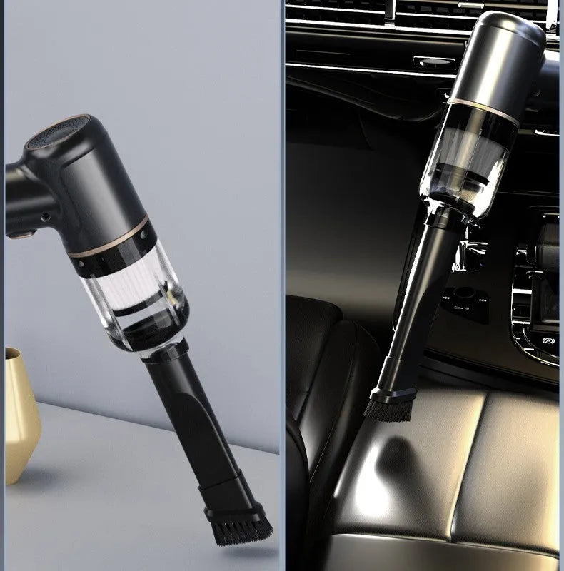 Black wireless handheld car and home vacuum cleaner with multiple nozzle attachments