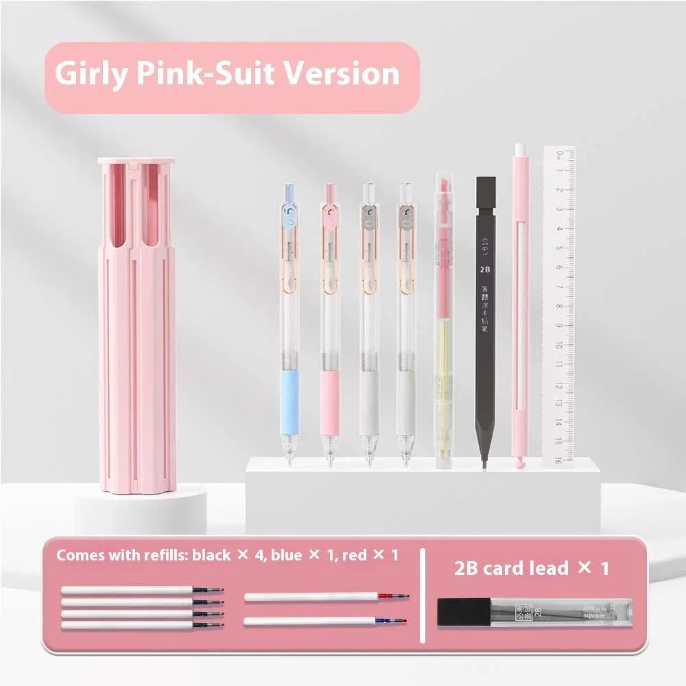 Plastic six pens pencil case set in vigorous white, sky blue, and girl pink colours