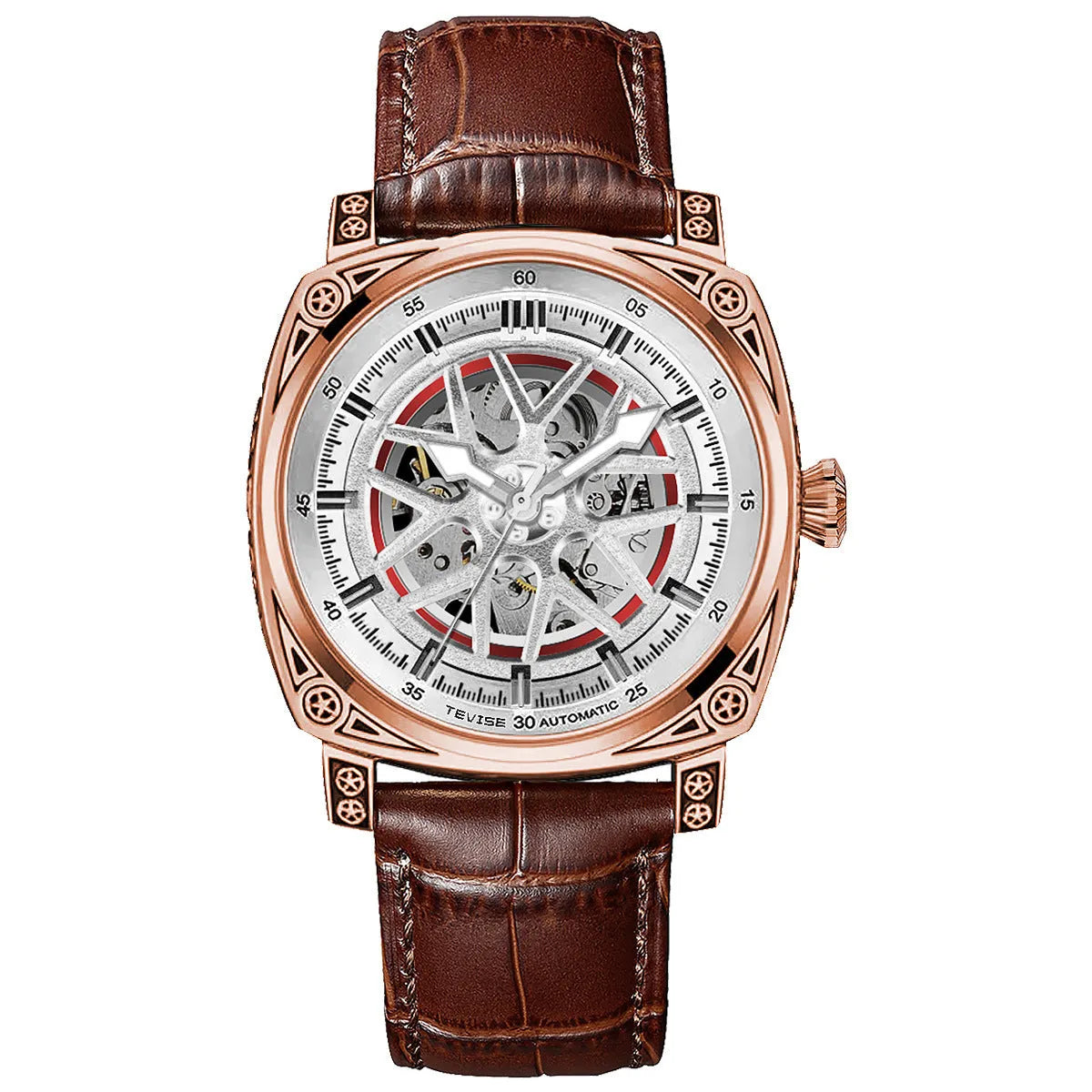 Men's stainless steel automatic watch with blue leather strap showing time display