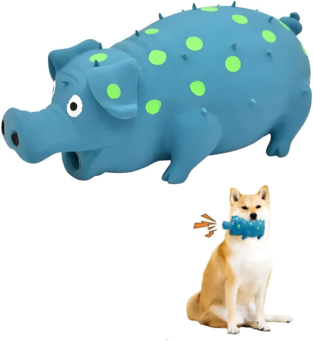 Blue latex pig-shaped dog chew toy with textured surface and squeaker inside.
