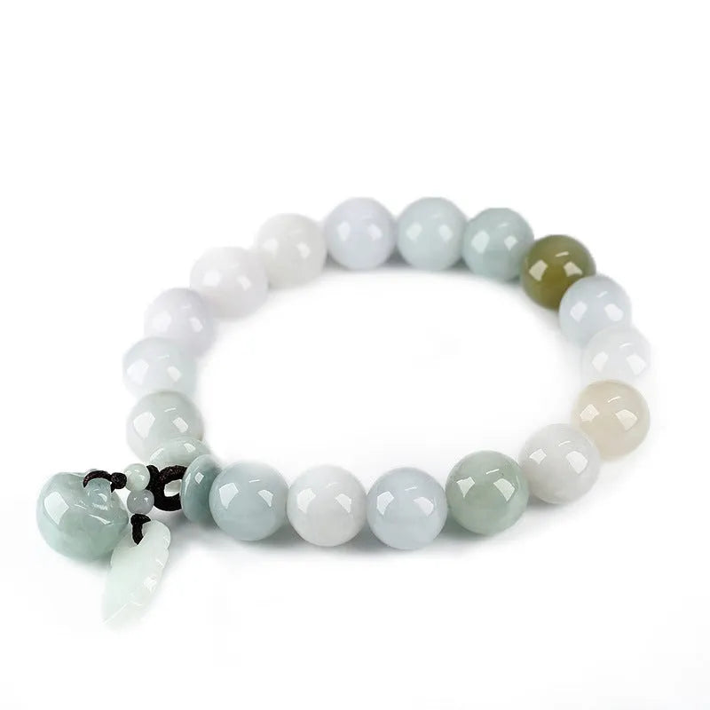 Natural emerald jade geometric bracelet with Maitreya Buddha, apple, and money bag hanging charms.