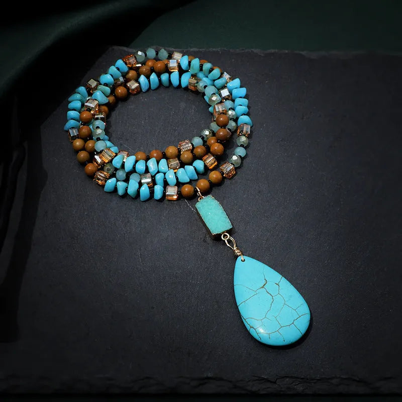 Turquoise water drop pendant necklace with mixed gem inlay and ball bead chain