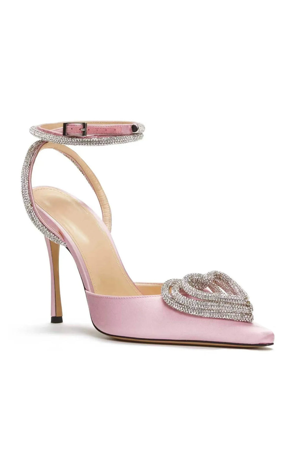 Women's pink satin sandals with pointed toe, heart-shaped rhinestone decoration, and ankle winding tape.
