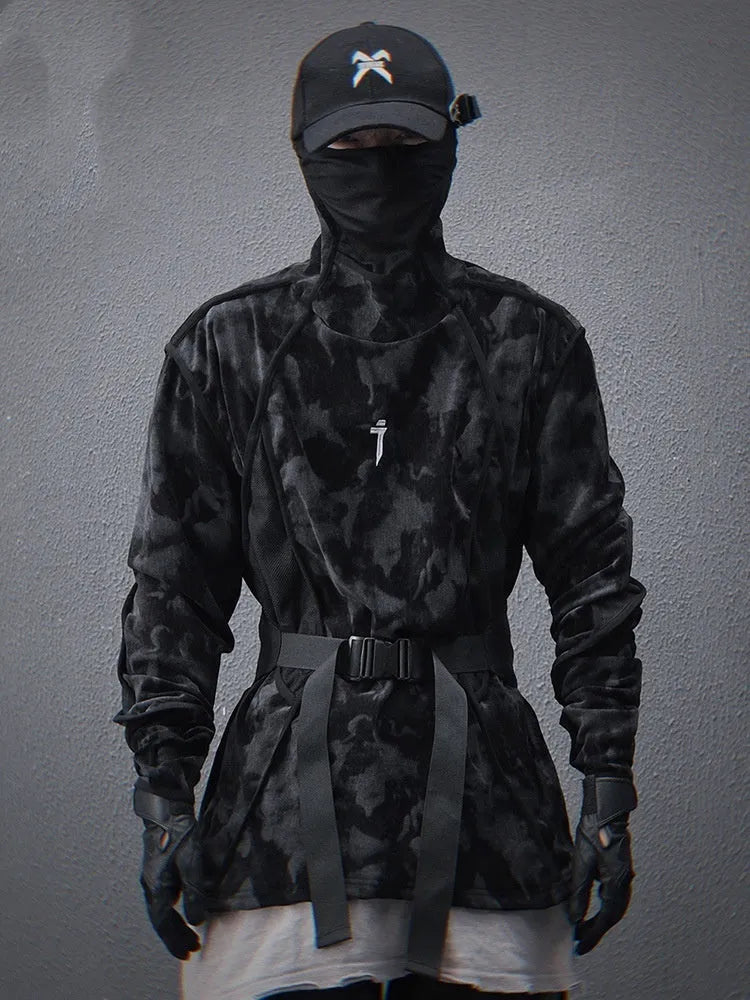 Men's black tie-dye printed pullover sweater with drop shoulders and finger turtleneck