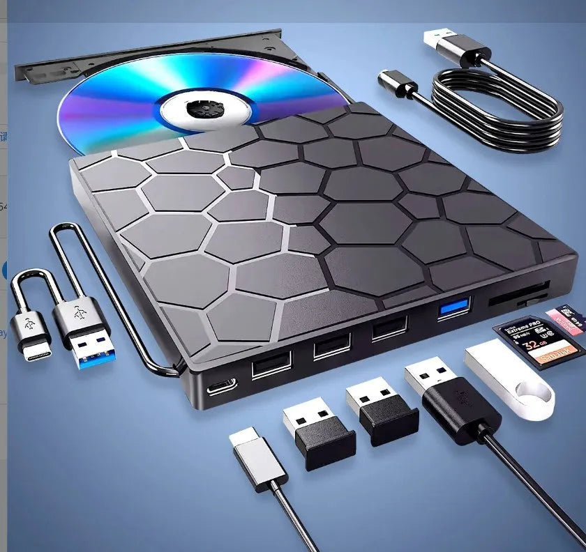 Black external CD DVD drive with USB connection for computer disc burning