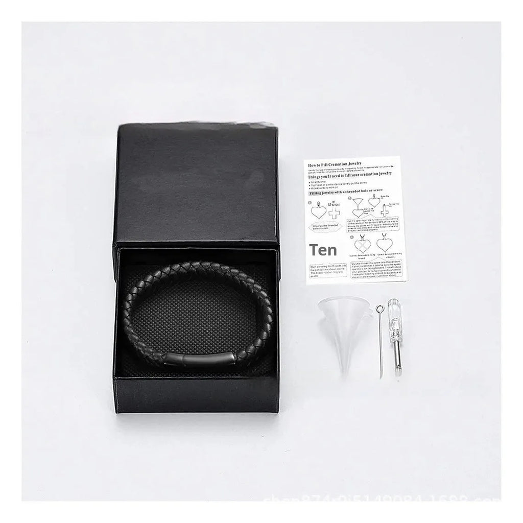 Black woven leather and stainless steel casket bracelet with personalisation for text.