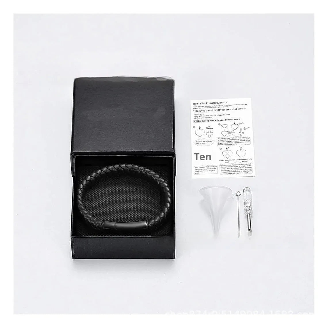 Black woven leather and stainless steel casket bracelet with personalisation for text.