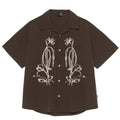 Brown striped short sleeve shirt with a Cuban collar, made from quick-dry polyester for outdoor camping.