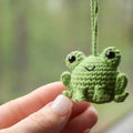 Handmade woven plush frog car pendant measuring 5cm wide by 5cm high by 15cm long