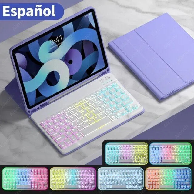 iPad protective case with luminous RGB Bluetooth keyboard and mouse in black leather sheath style