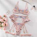 Light purple satin lingerie set with mercersied embroidery, four-piece configuration