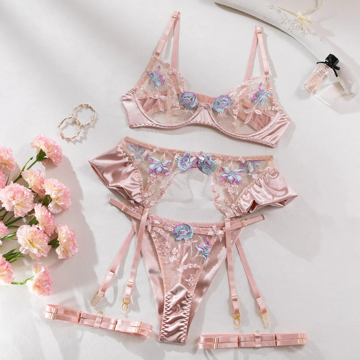 Light purple satin lingerie set with mercersied embroidery, four-piece configuration
