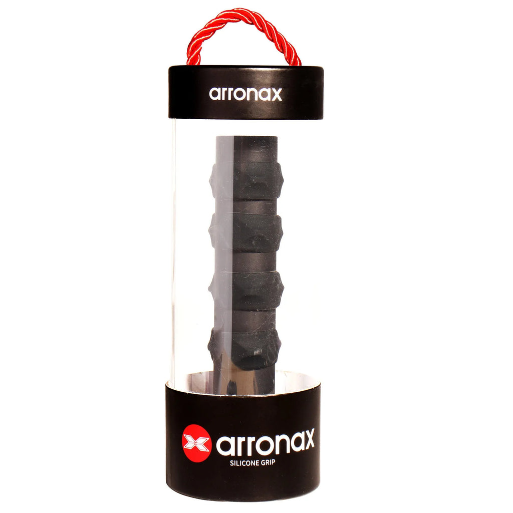 Silicone racquet grip buckle in multiple colours on a black background.