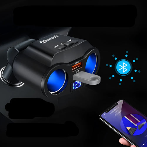 Car Bluetooth FM audio transmitter plugged into a vehicle cigarette lighter socket.
