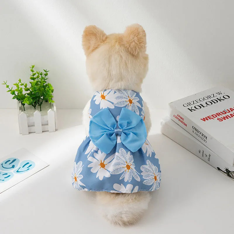 Ultra-thin polyester pet dress with floral butterfly design and adjustable bow knot for dogs and cats