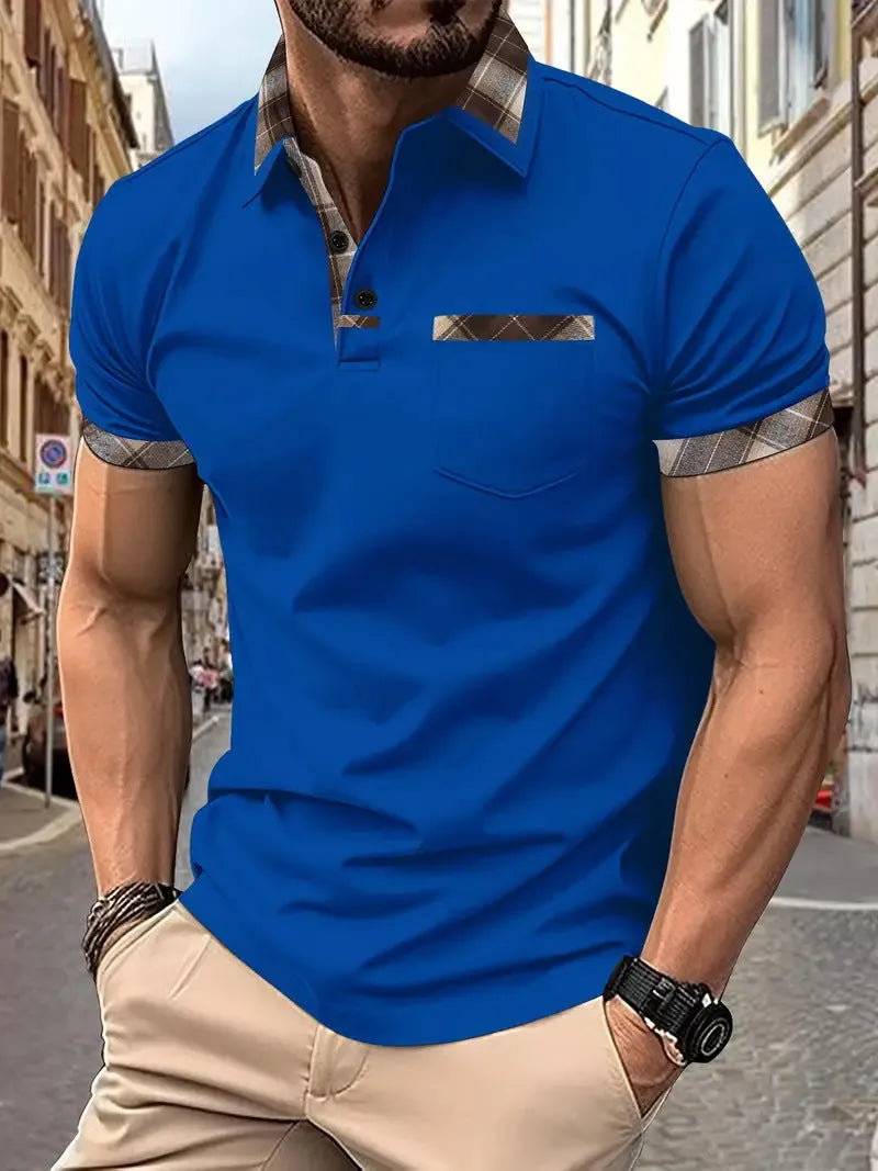 Men's plaid colourblock t-shirt with zipper decoration on front, short sleeves, loose fit