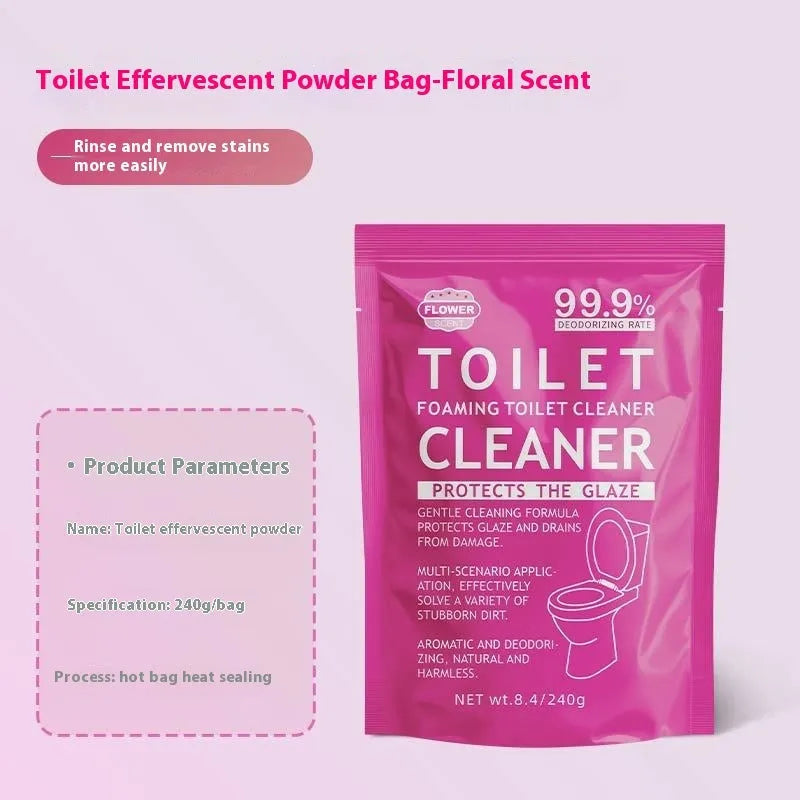 Toilet bubble powder descaling cleaner in blue ocean and pink floral fragrance, showing 240g bag and box of 5 sachets.