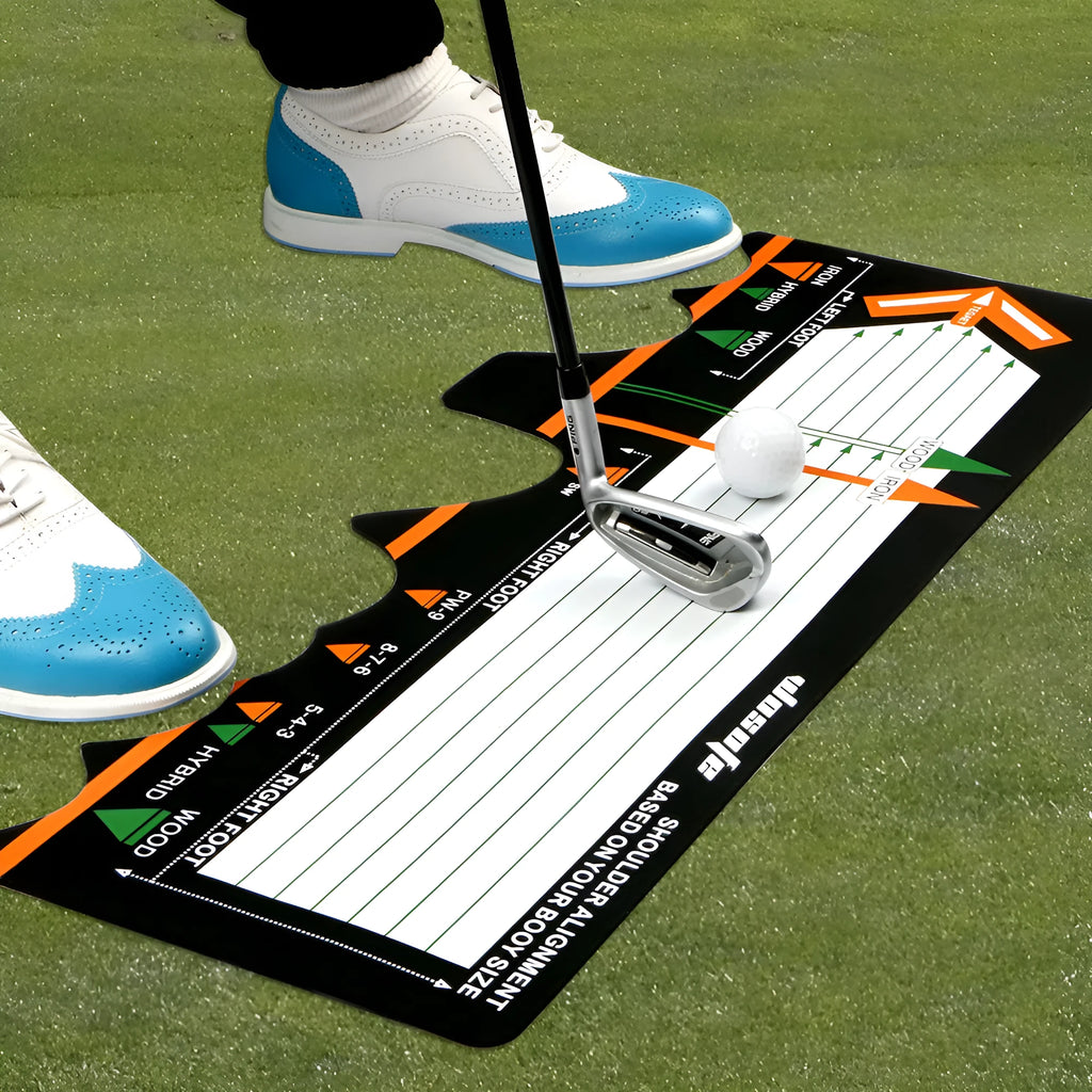 Black neoprene golf swing posture training pad for stance alignment practice.