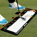 Black neoprene golf swing posture training pad for stance alignment practice.
