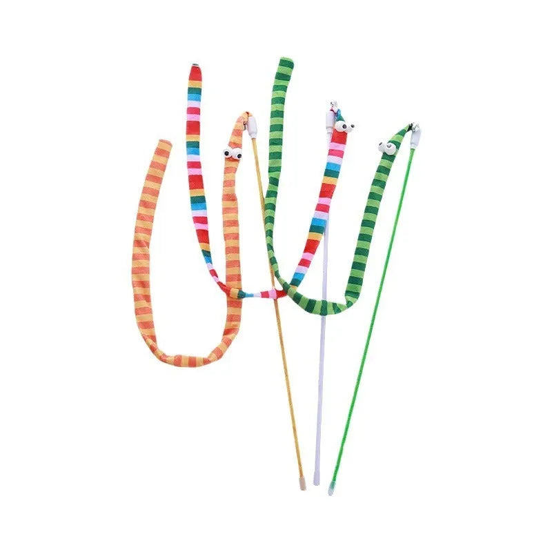 Cat wand toy with long plush strip teaser on a polycarbonate pole, shown in vibrant colours