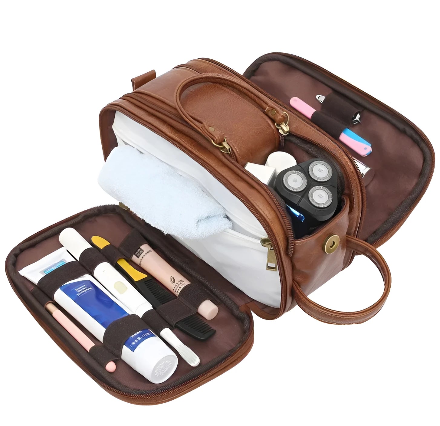 Black and brown men's PU toiletry bag with a zip closure for travel.