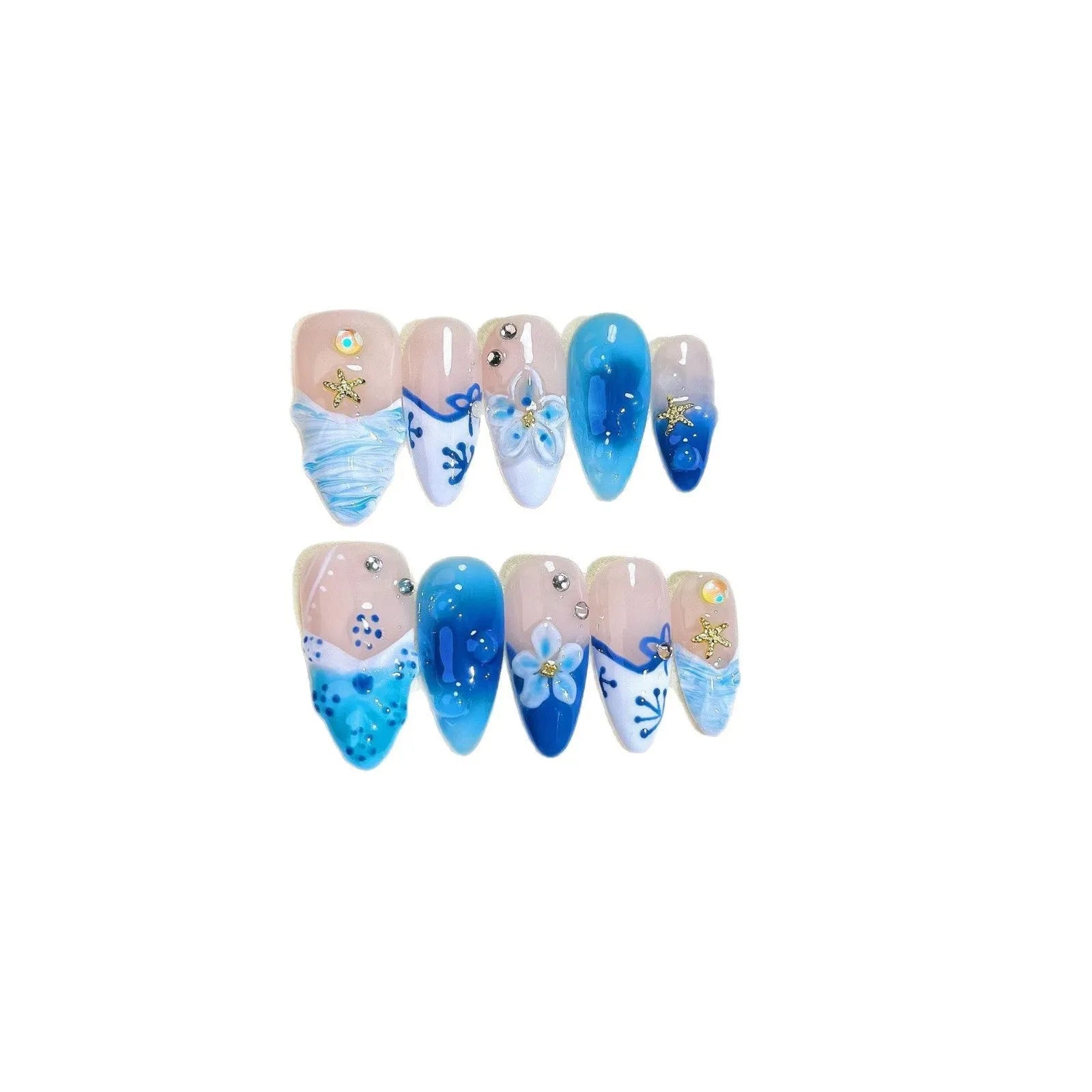 Blue hand-painted carved summer ice transparent false nails with wearable armour set in sizes XS to L