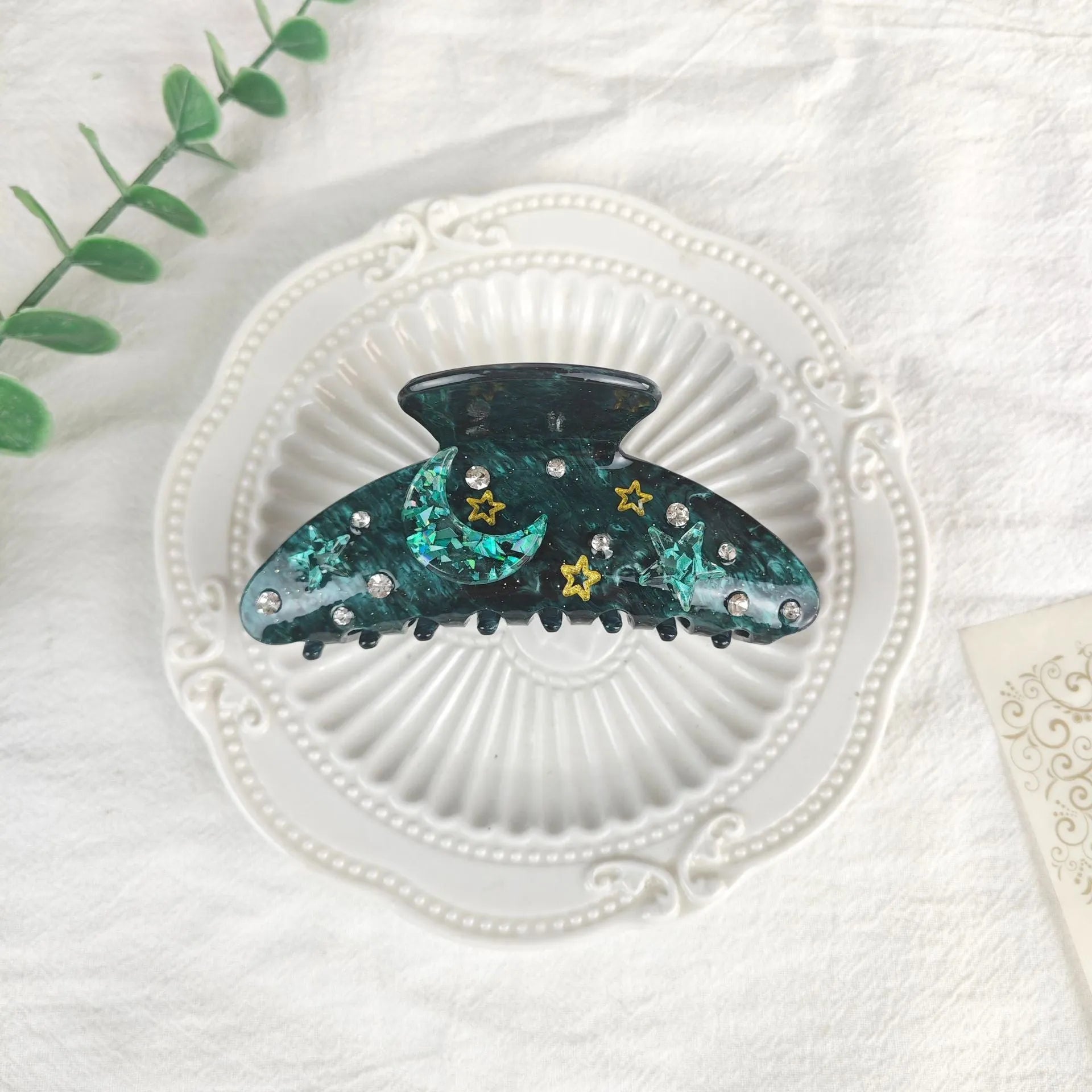 Oversized celestial barrette hair clip with star moon design in starry sky colours