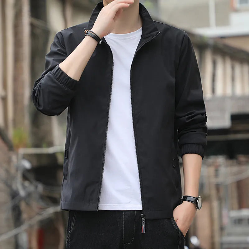 Men's Korean style loose lapel autumn jacket in black with zipper pockets