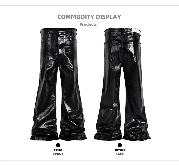 Black women's skinny jeans with a shiny patent leather coating and straight-leg style.
