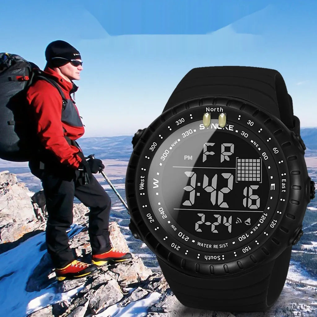 Black waterproof digital watch for men with plastic case and adjustable PU strap
