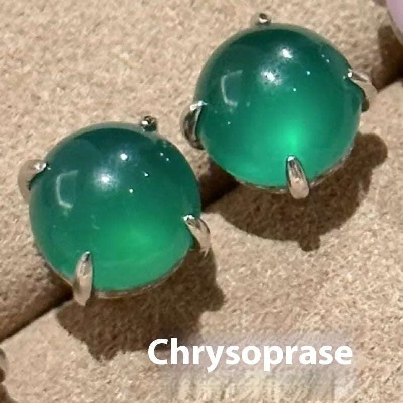 Round geometric chalcedony earrings with four-claw settings in three colour variations