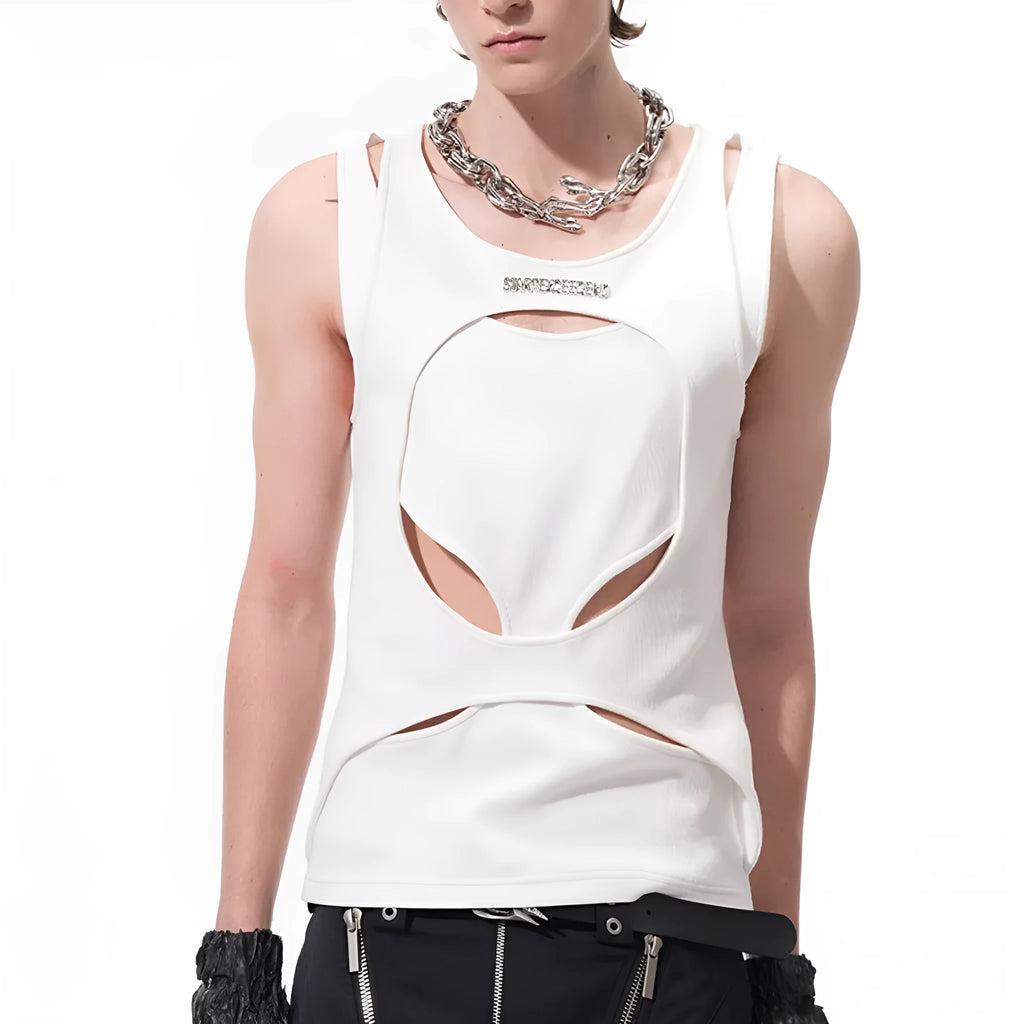 Men's black sleeveless loose-fit pullover waistcoat with a round neck, shown on a hanger.