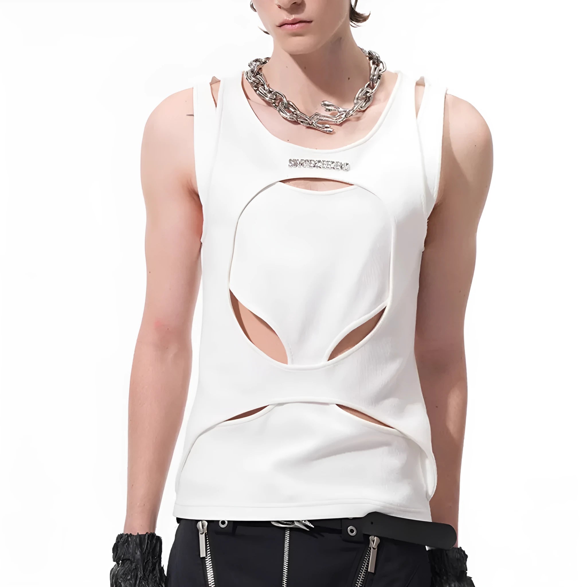 Men's black sleeveless loose-fit pullover waistcoat with a round neck, shown on a hanger.