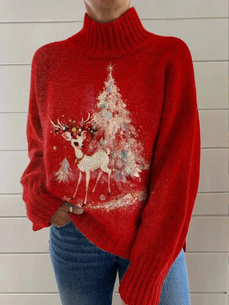 Women's Christmas printed turtleneck sweater with painting pattern in macaron colours, loose casual style