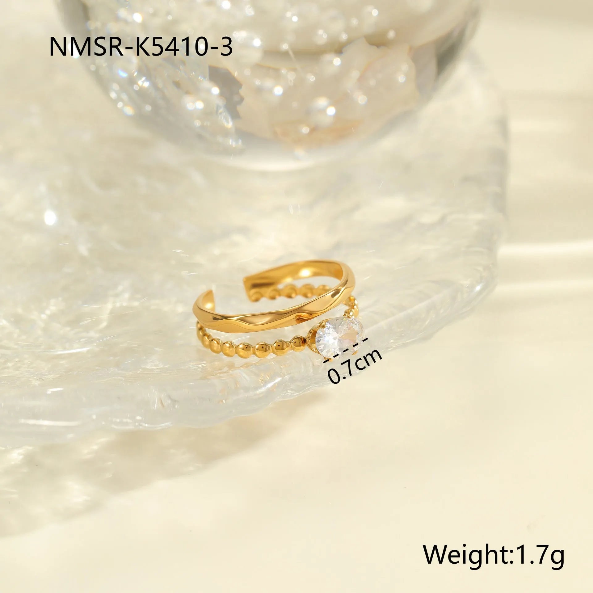 Gold electroplated stainless steel ring with zircon geometric design and open mouth adjustable fit