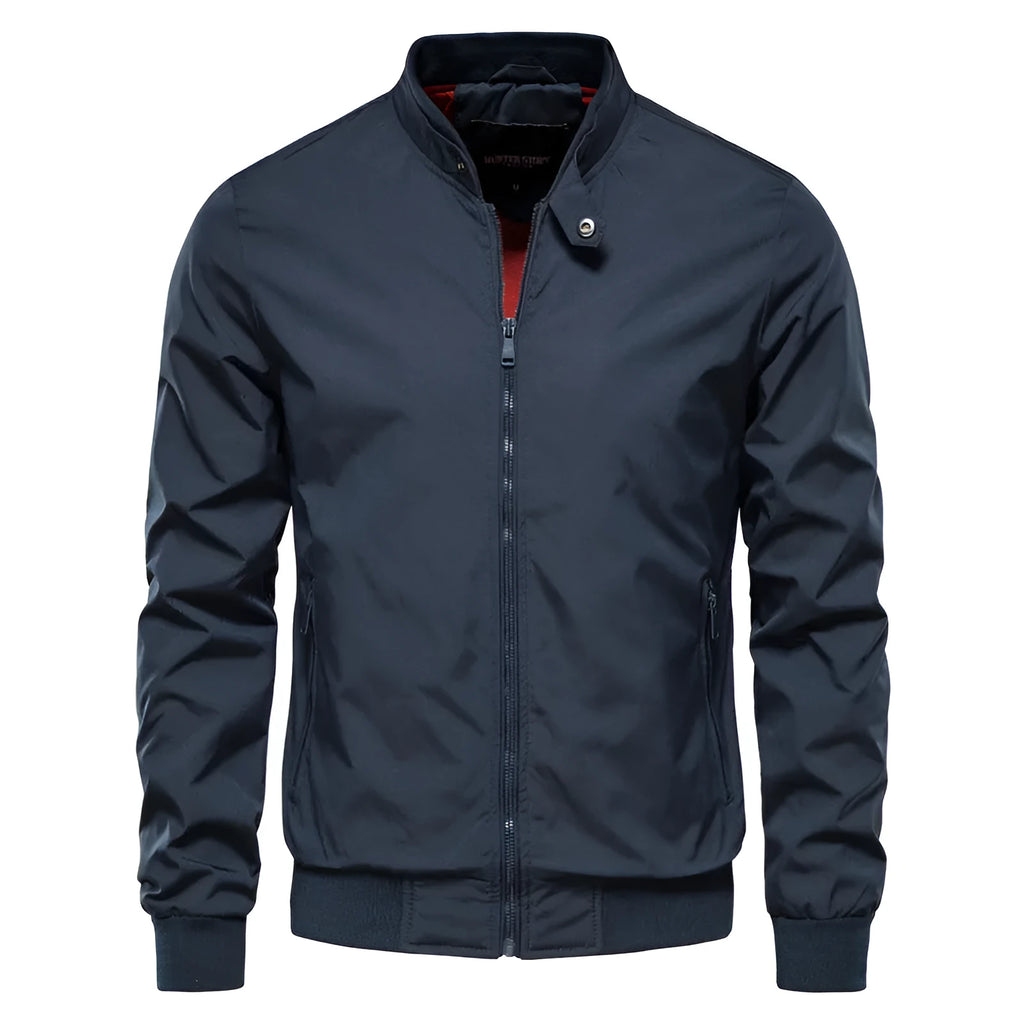 Men's thin solid-colour casual jacket in Army Green, black, or dark blue polyester.