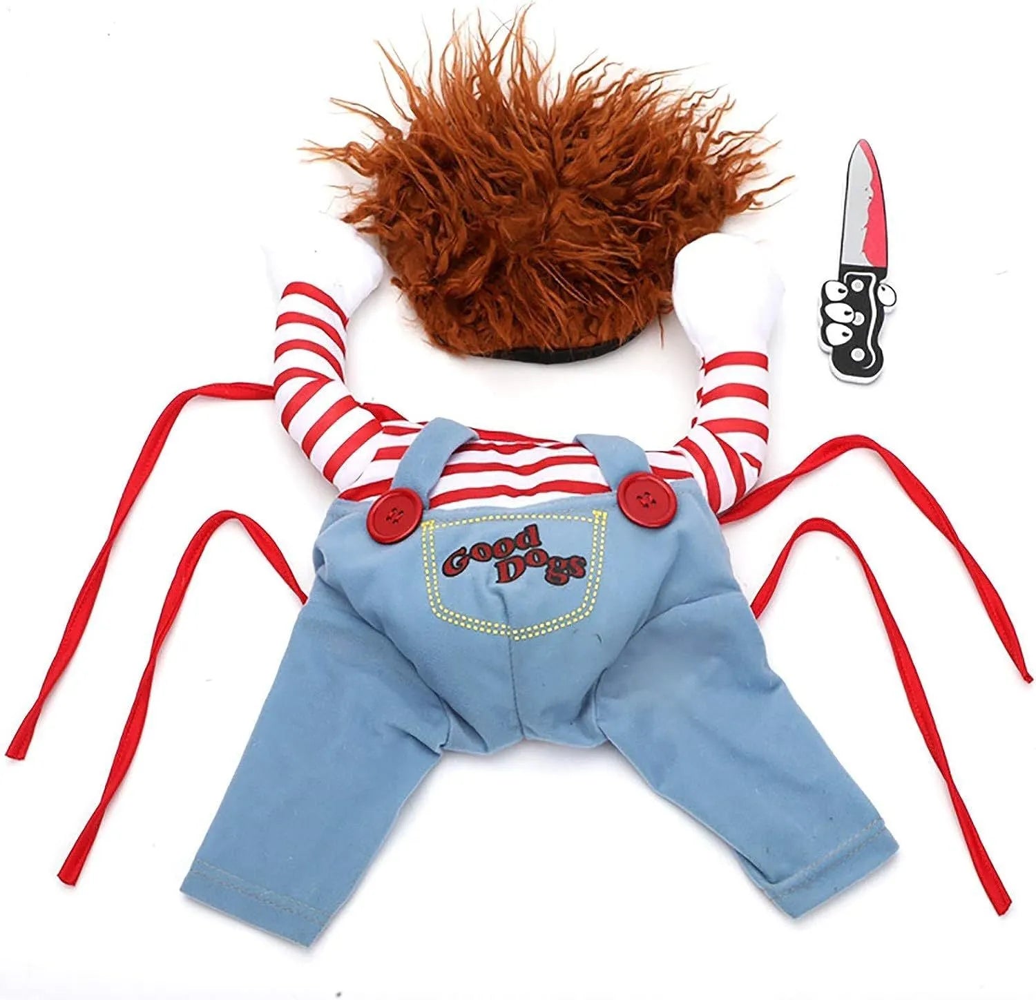 Striped Halloween harness costume set for a dog, showing pants, adjustable chest harness, and soft knife with bow tie.