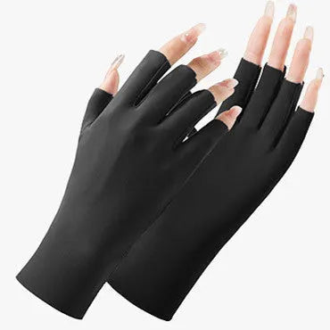 Thin beige women's sunscreen gloves with UPF50+ protection on a hand.