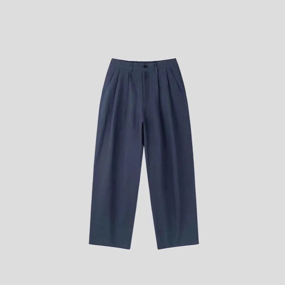 Men's apricot wide-leg cotton linen trousers with mid-waist zip fly and pencil leg opening