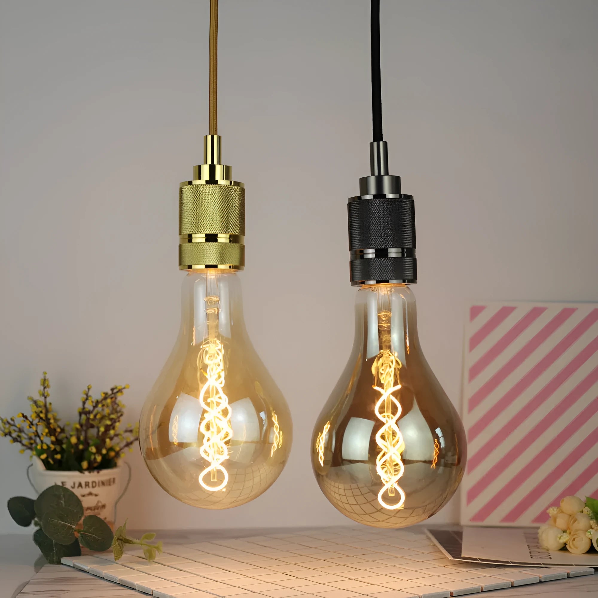 Golden and grey A110 double spiral filament LED soft light strip measuring 110mm by 200mm