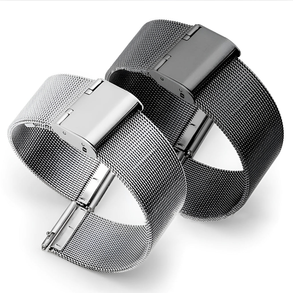 Milani silk woven stainless steel watch band in silver, showing linked metal weave.